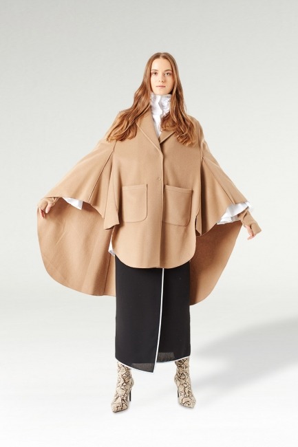 Mizalle - Premium Wool Cloak Coat (Camel) 