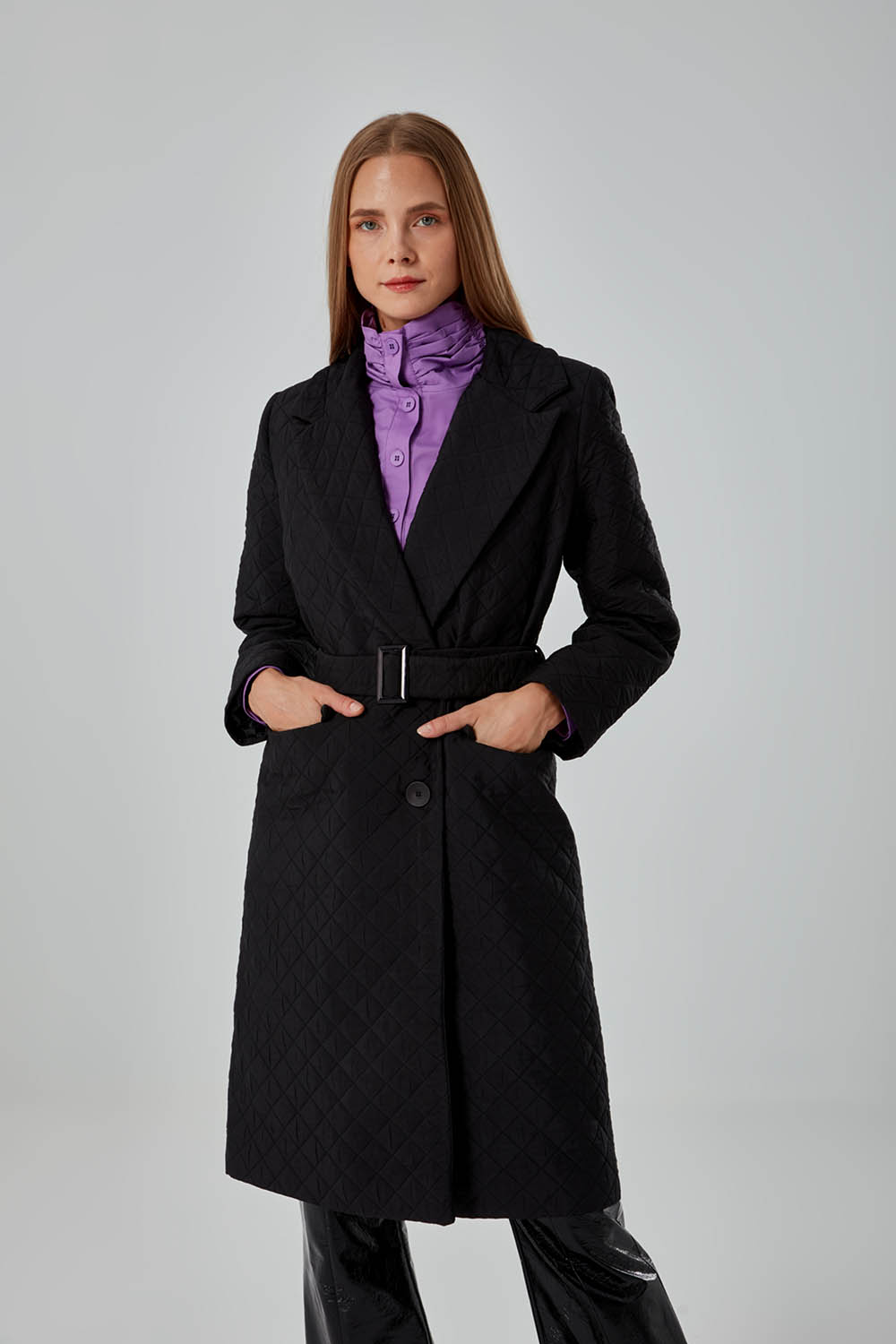 Quilted Textured Black Overcoat