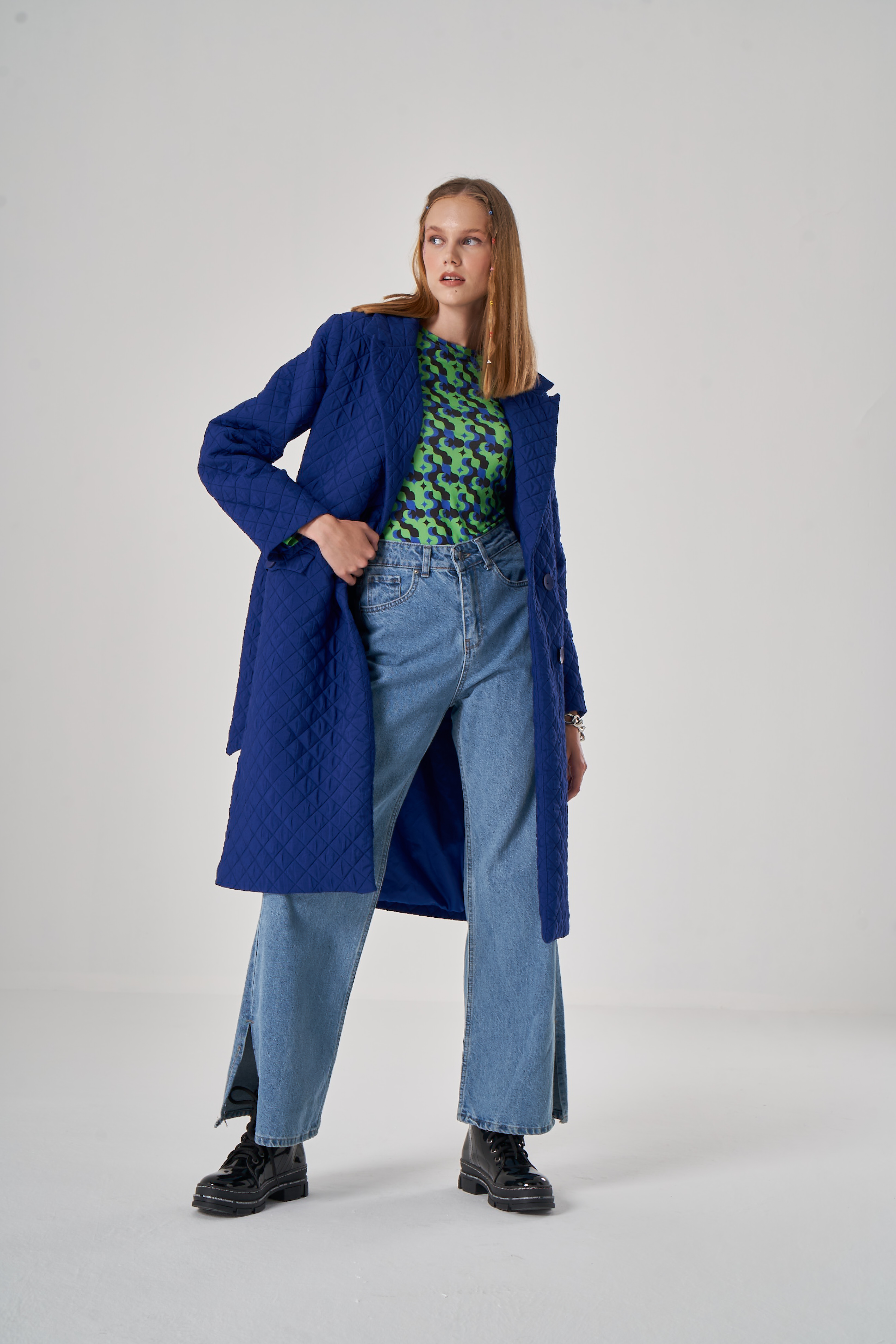 Quilted Textured Sax Blue Overcoat
