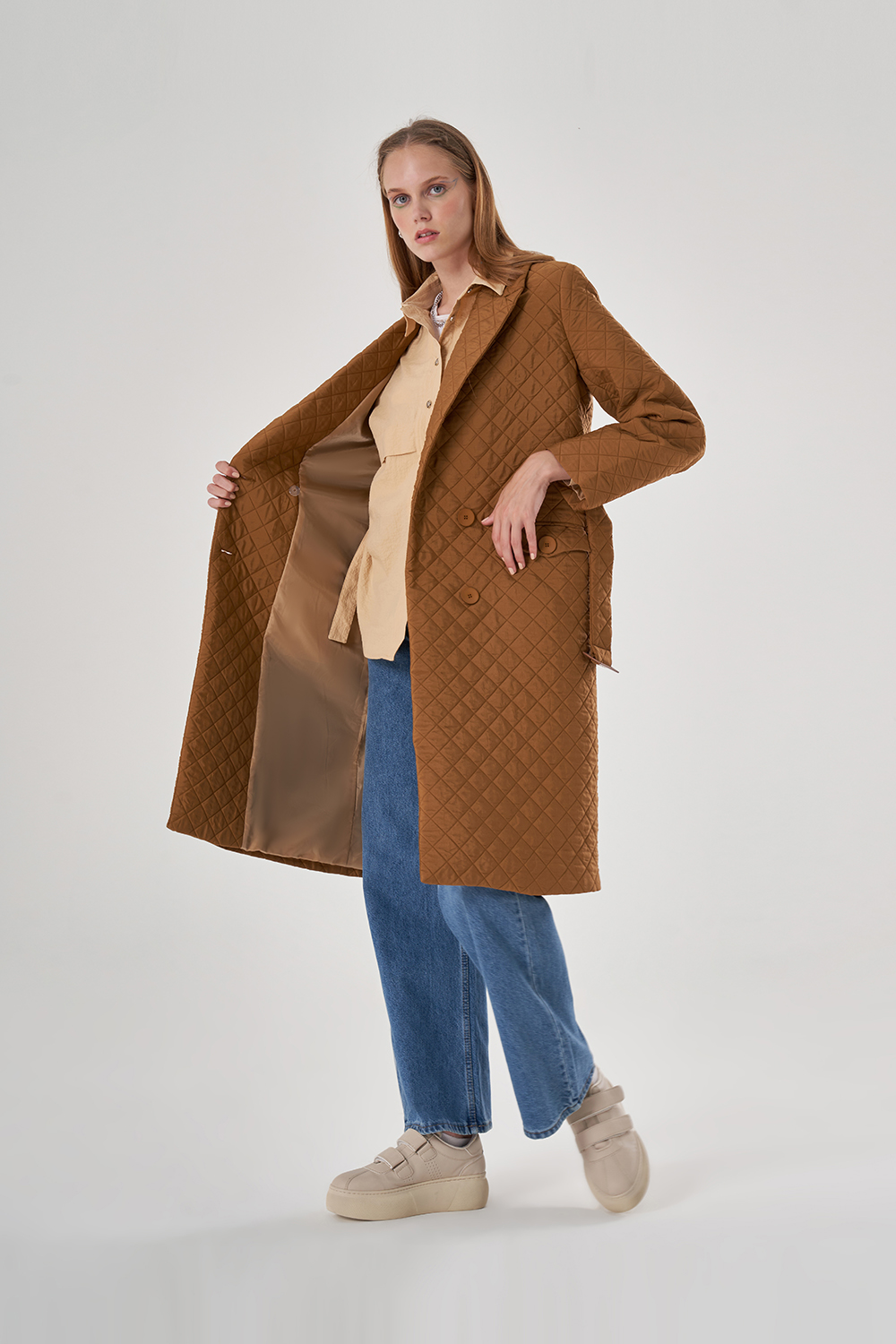 Quilted Textured Tan Overcoat