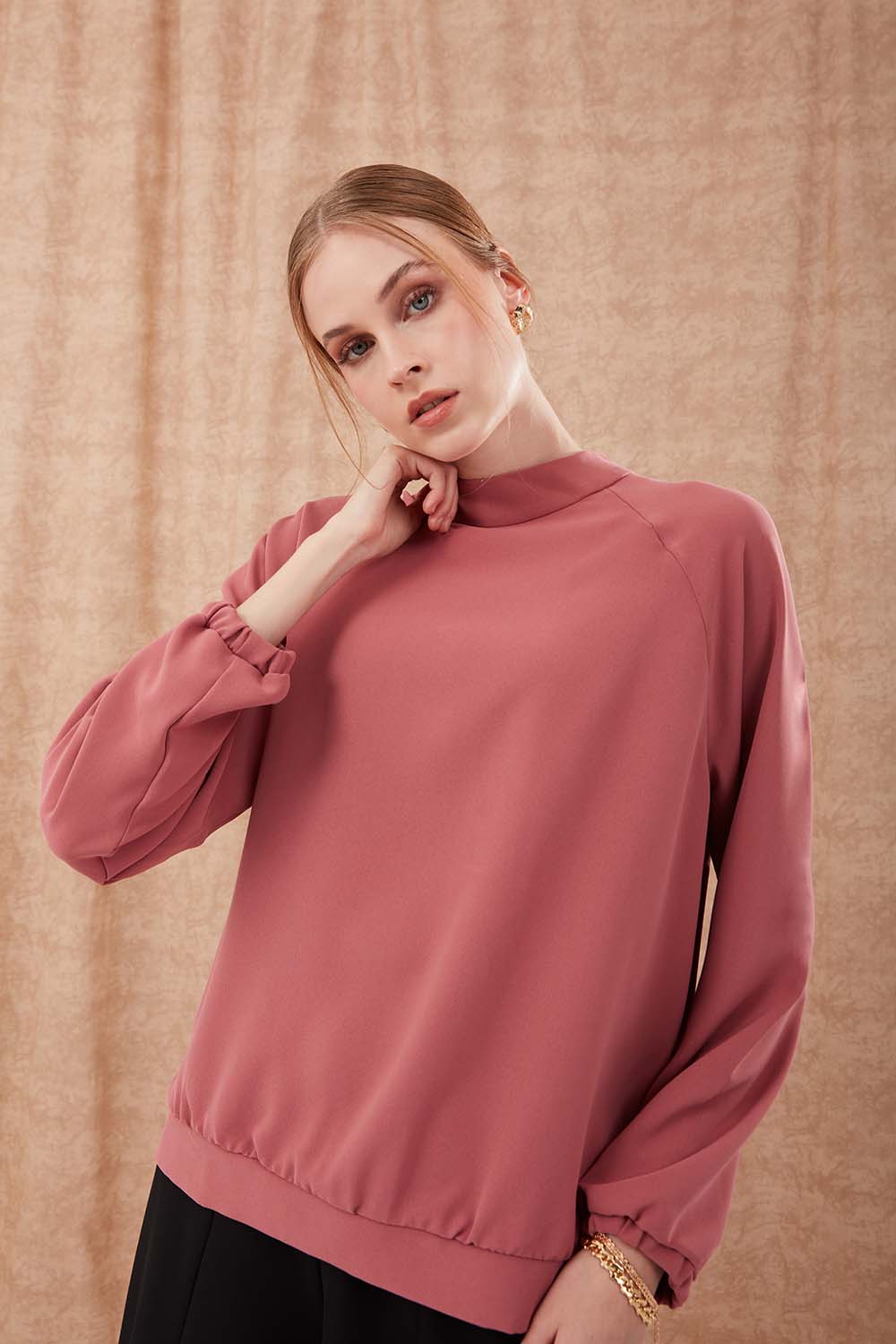 Rose High Neck Blouse with Shirred Sleeves