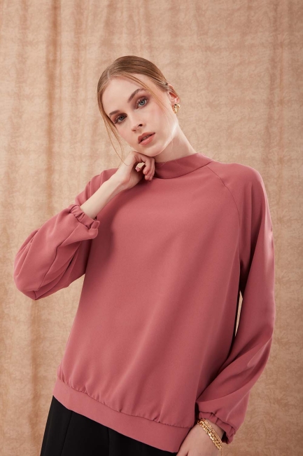 Mizalle - Rose High Neck Blouse with Shirred Sleeves
