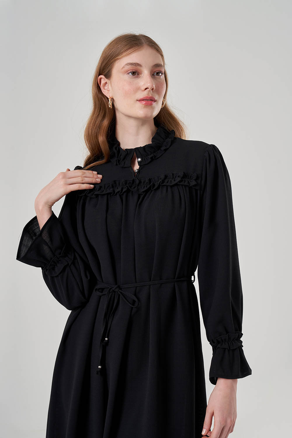 Ruffle Detailed Black Long Dress