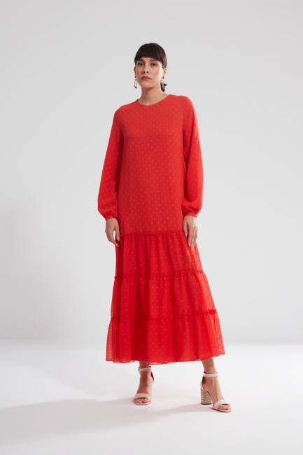 Mizalle - Ruffled Pomegranate Blossom Maxi Dress With Bottom Skirt