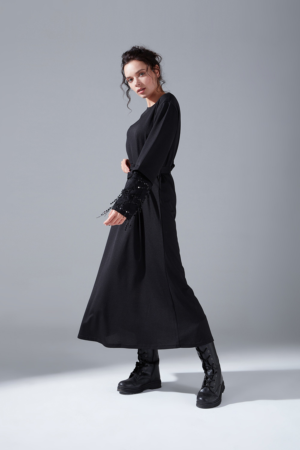 Sequin Sleeve Dress (Black)