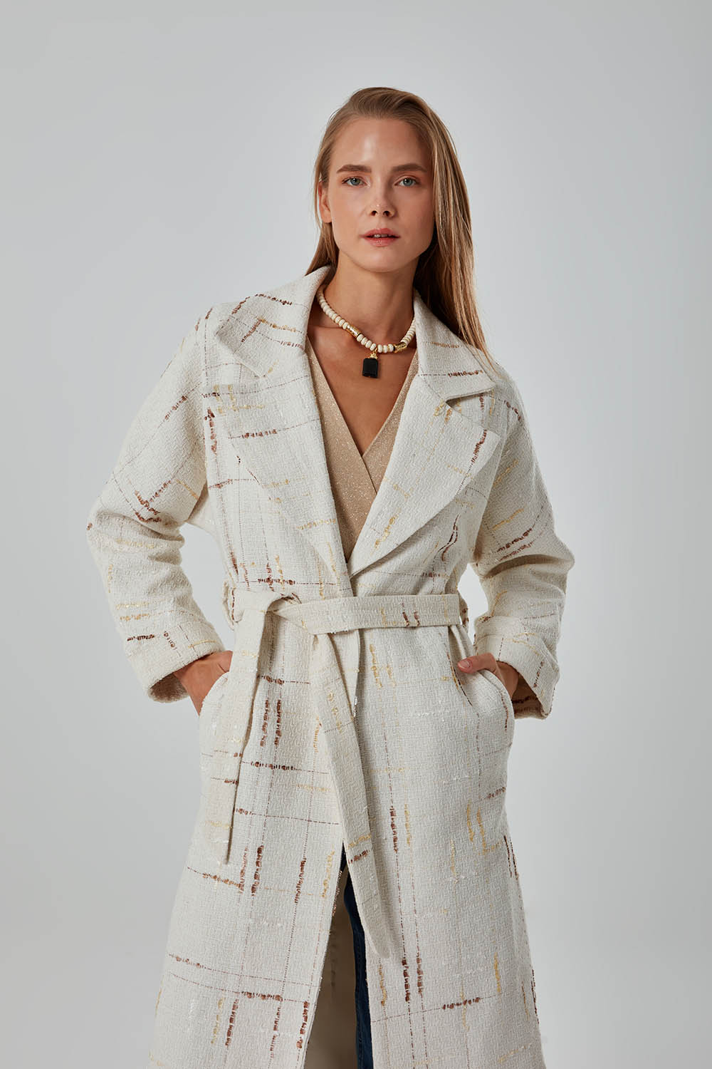 Shimmer Braided Ecru Tweed Overcoat