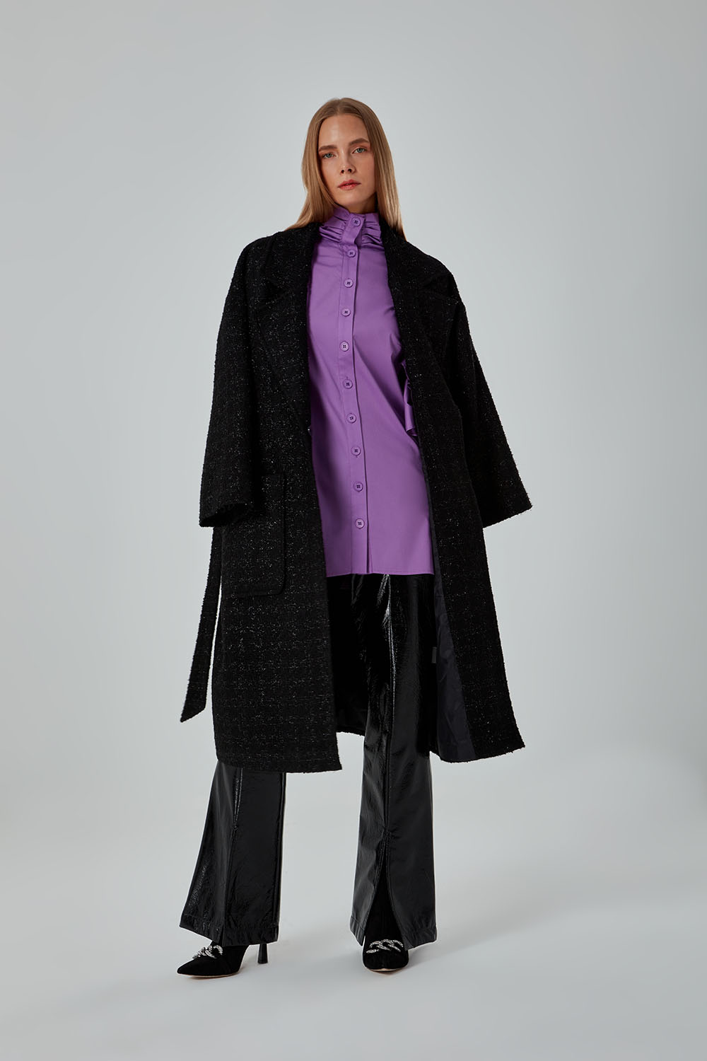 Shimmer Detailed Black Tweed Overcoat