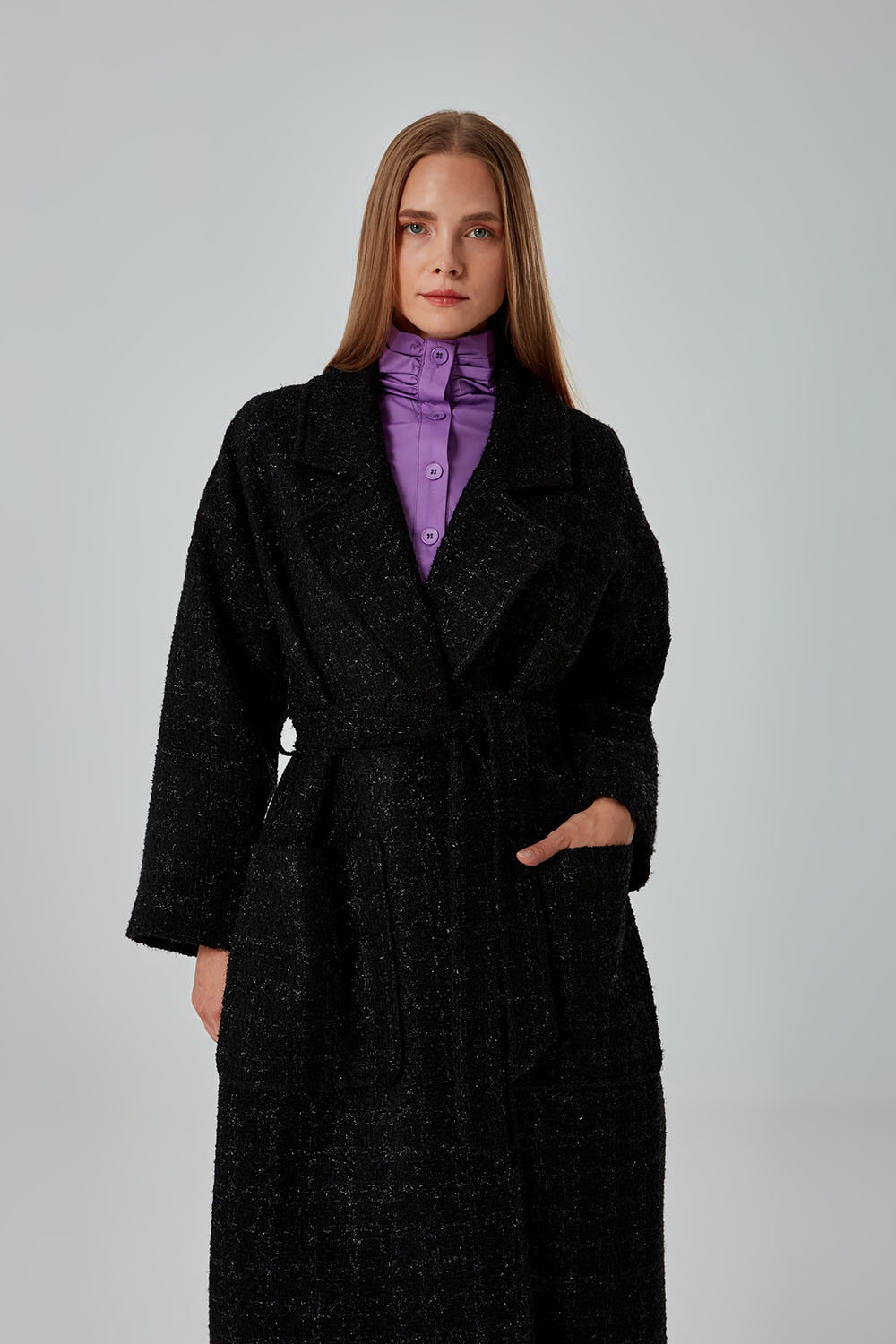 Shimmer Detailed Black Tweed Overcoat