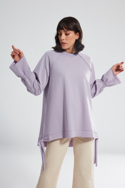 Mizalle - Shirred Lilac Reglan Sleeve Sweatshirt