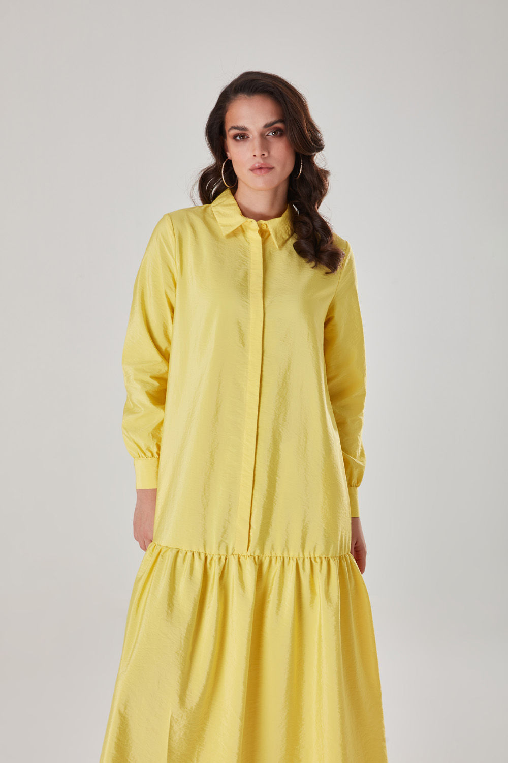 Shirt Collar Detailed Parachute Yellow Dress