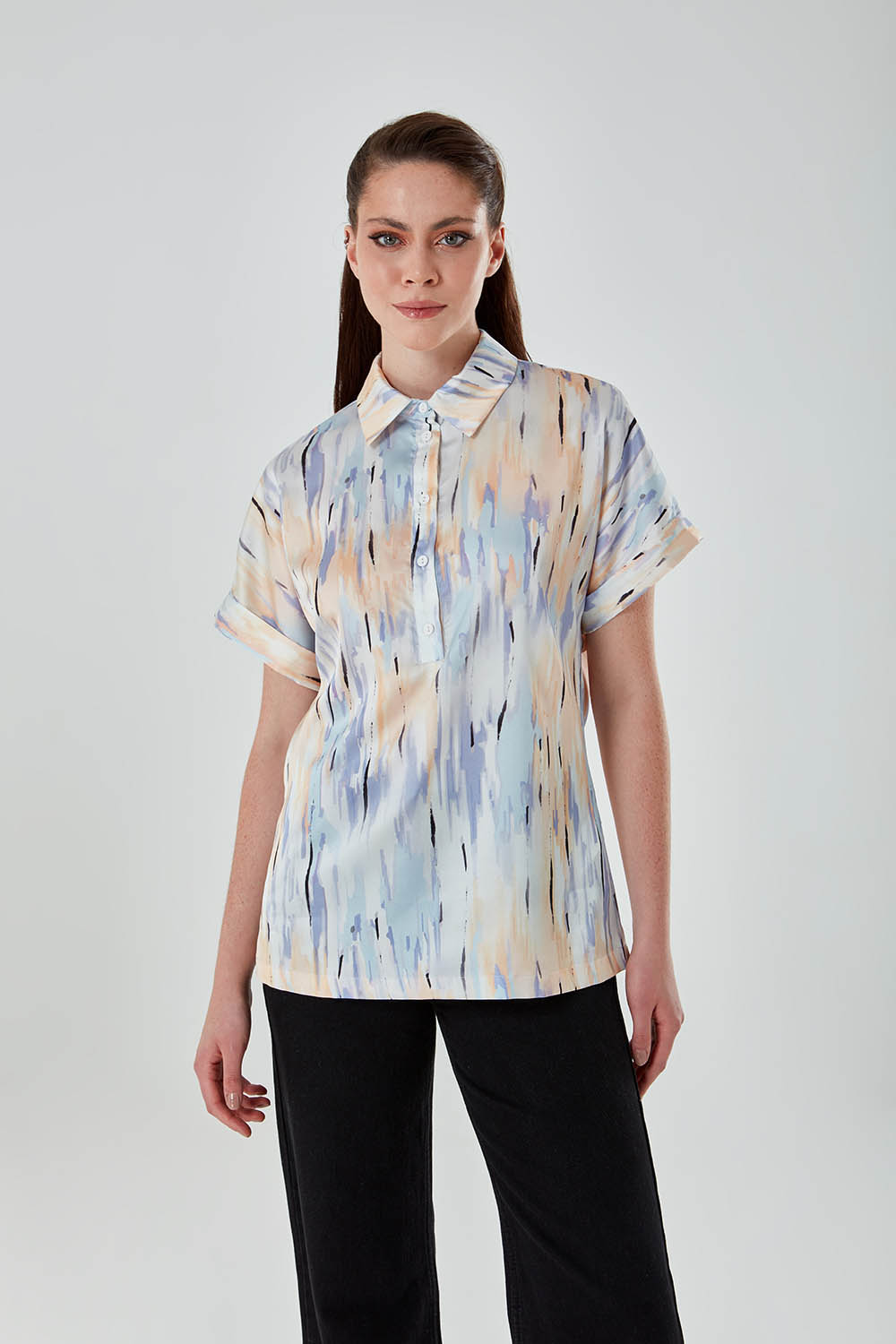 Shirt Collar Short Sleeve Patterned Blouse