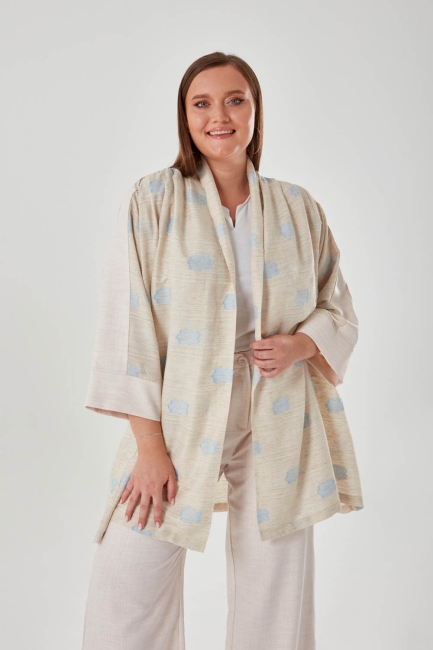 Mizalle - Shirtcuff Floral Pattern Blue Long Kimono
