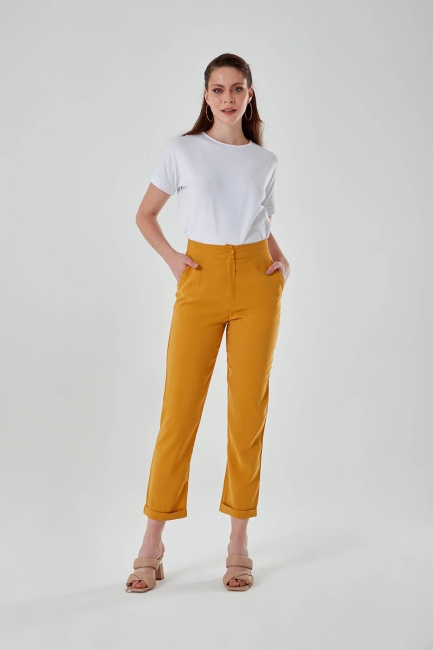 Mizalle - Side Pockets Cuffed Saffron Trousers