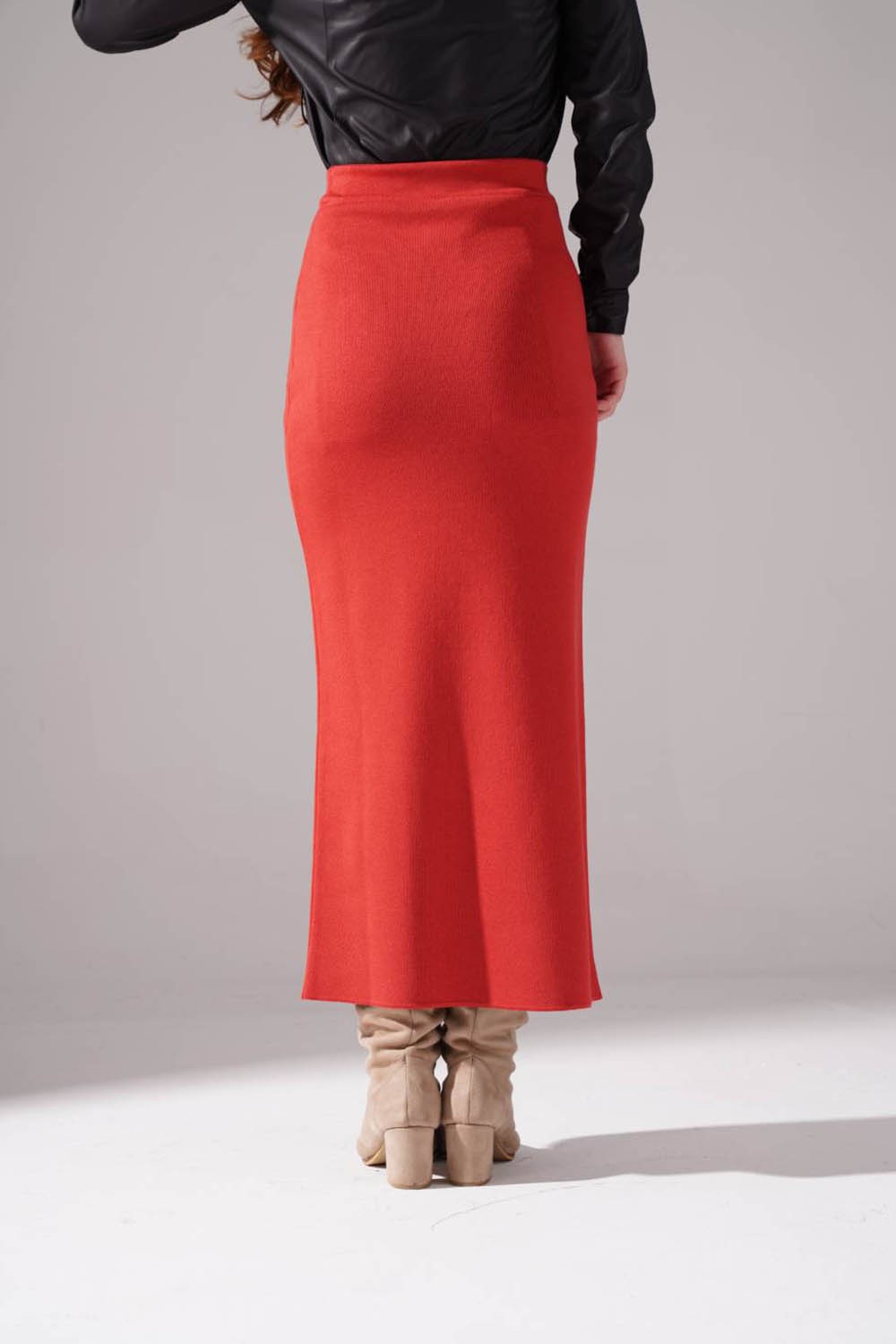 Silvery Knitted Knitwear Skirt (Brick Red)