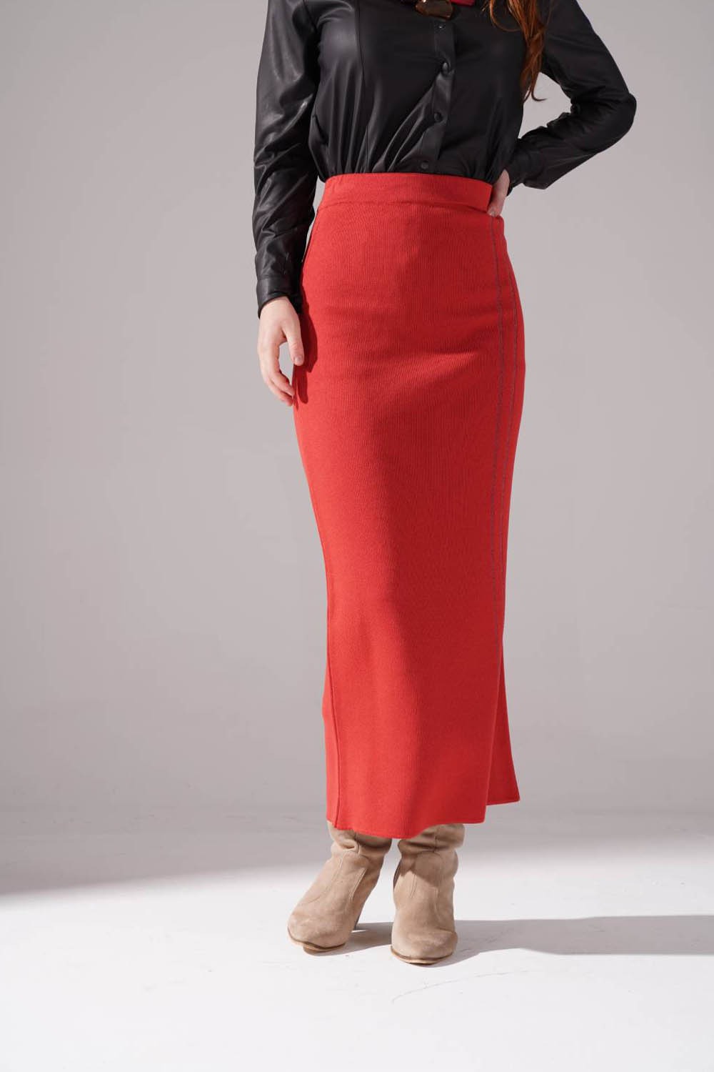 Silvery Knitted Knitwear Skirt (Brick Red)