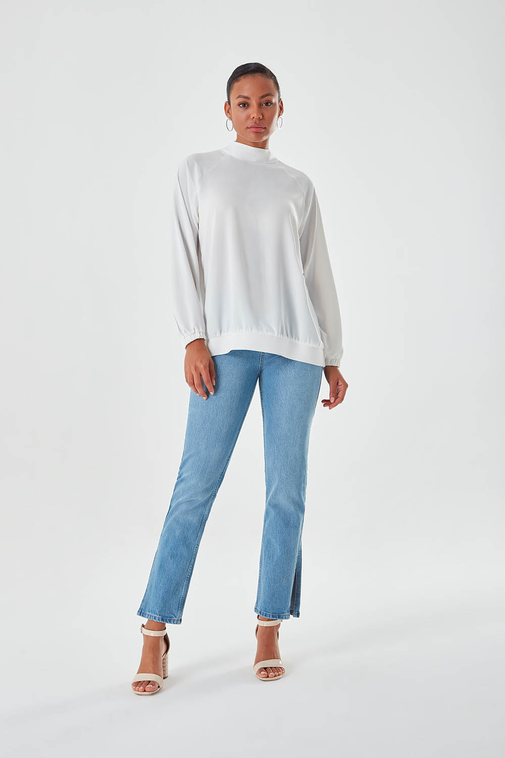 Stand Up Collar Pleated Ecru Blouse