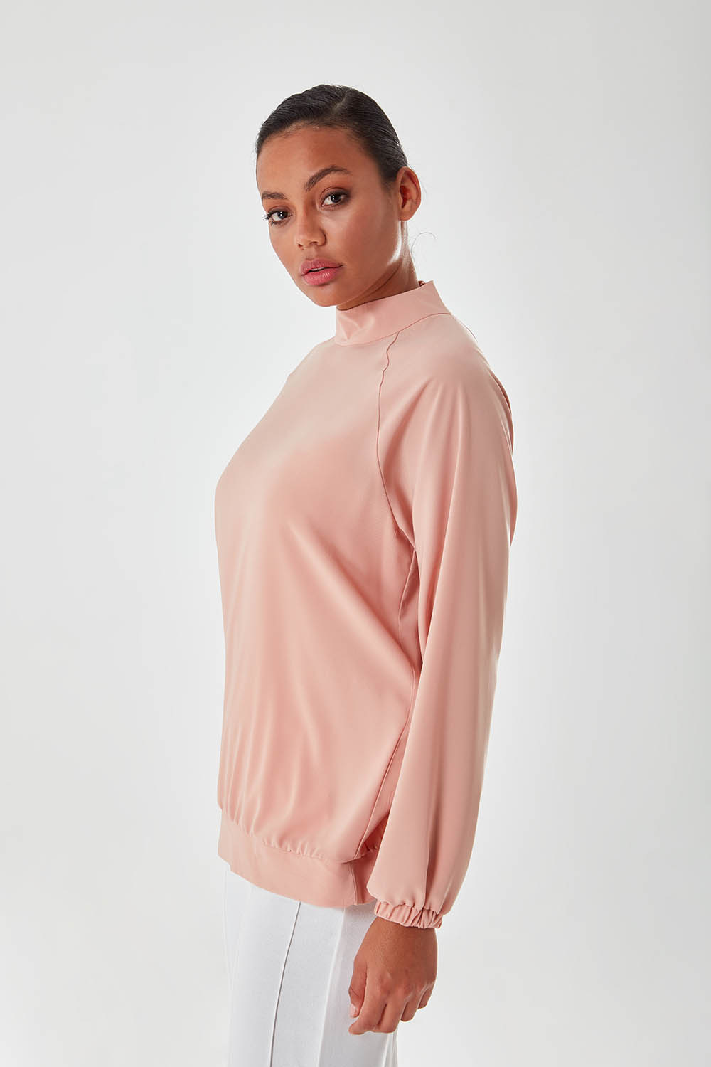 Stand Up Collar Pleated Nude Blouse