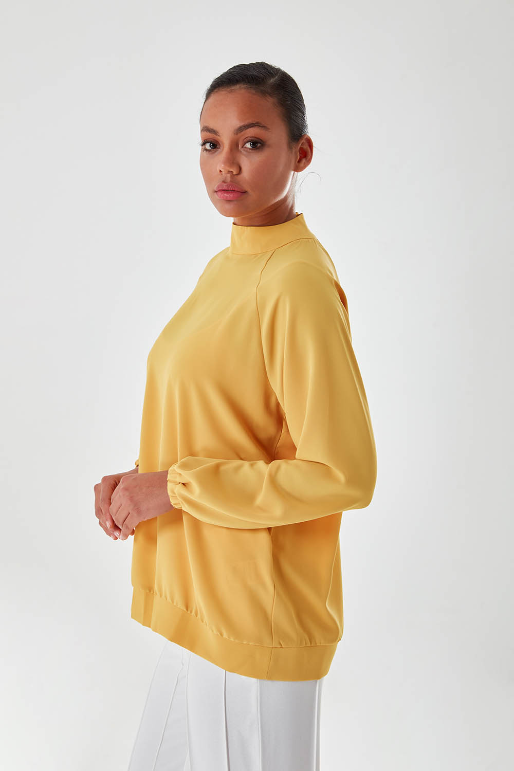 Stand Up Collar Pleated Saffron Blouse