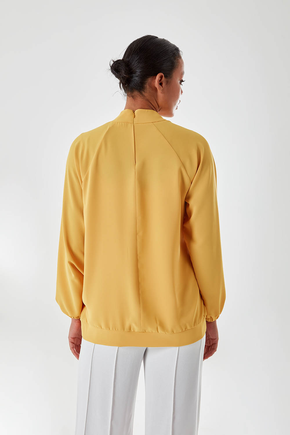 Stand Up Collar Pleated Saffron Blouse