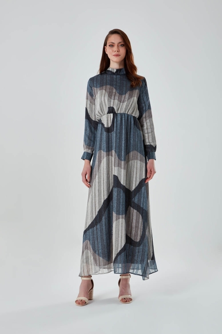 Mizalle - Straight Collar Glitter Printed Long Dress