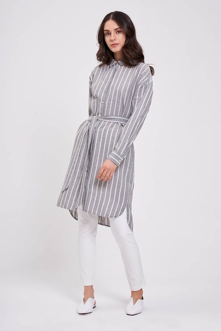 Mizalle - Striped Linen Look Dress (Anthracite) 
