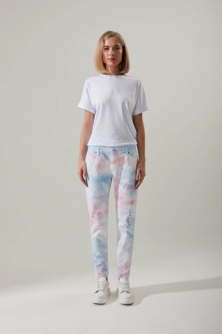 Mizalle - Tie-Dye Patterned Denim Pants (Color)