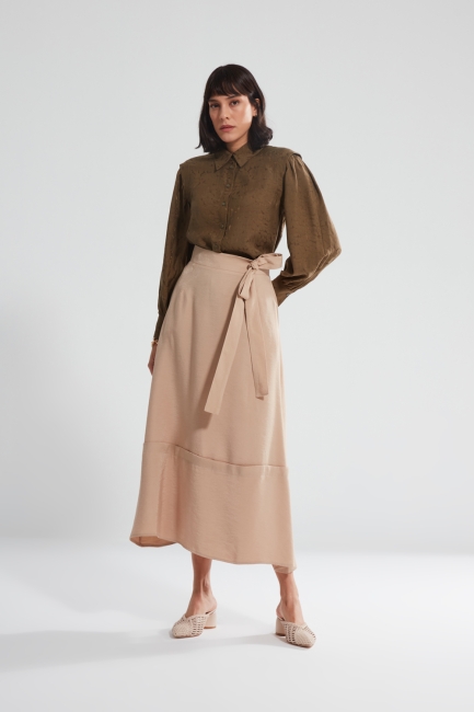 Mizalle - Tie Waist Beige Design Skirt