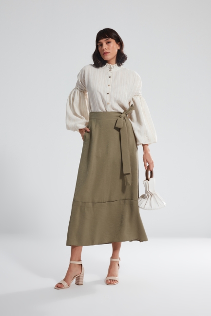 Mizalle - Tie Waist Khaki Design Skirt
