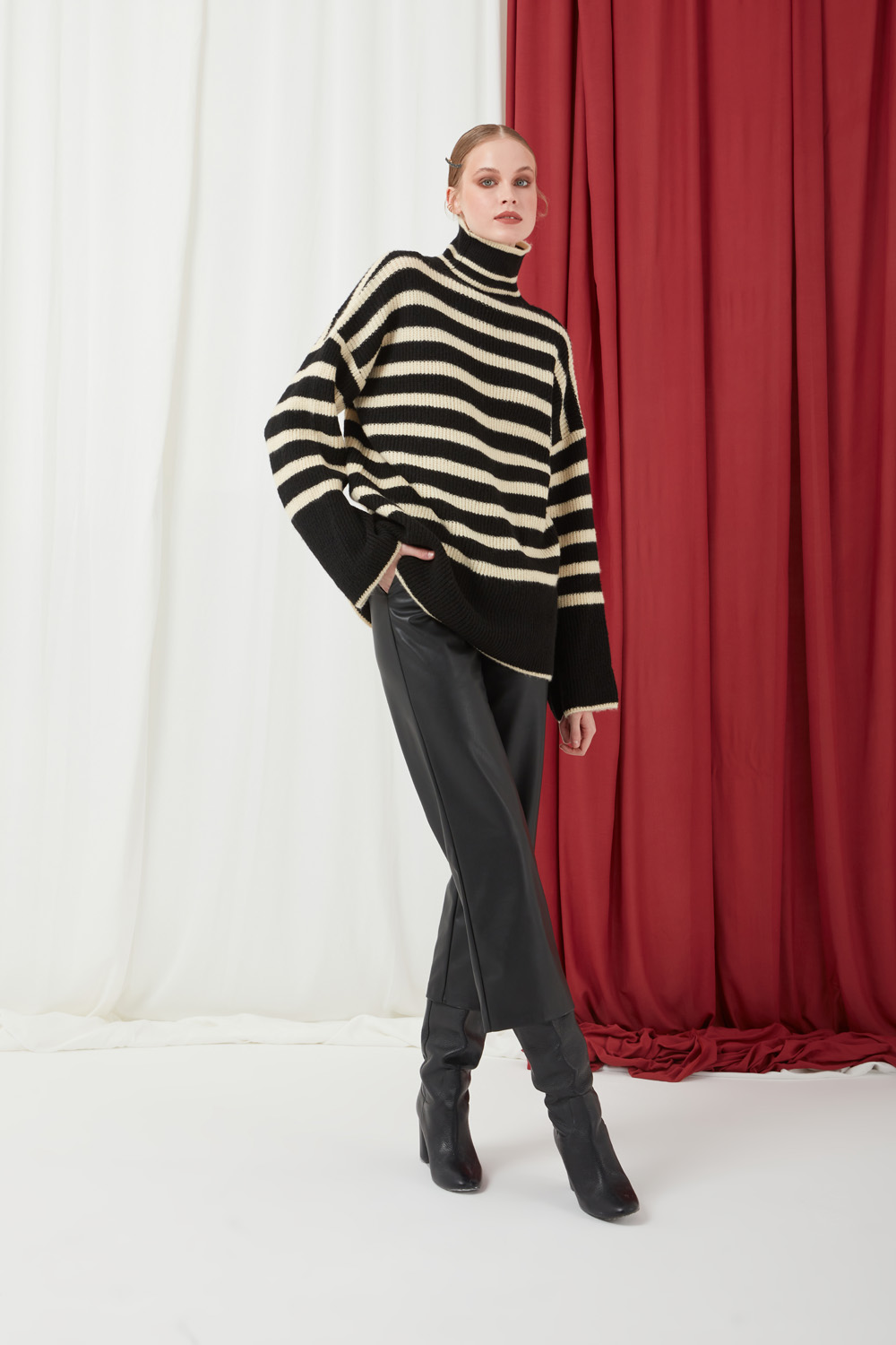 Turtleneck Black Striped Loose Sweater