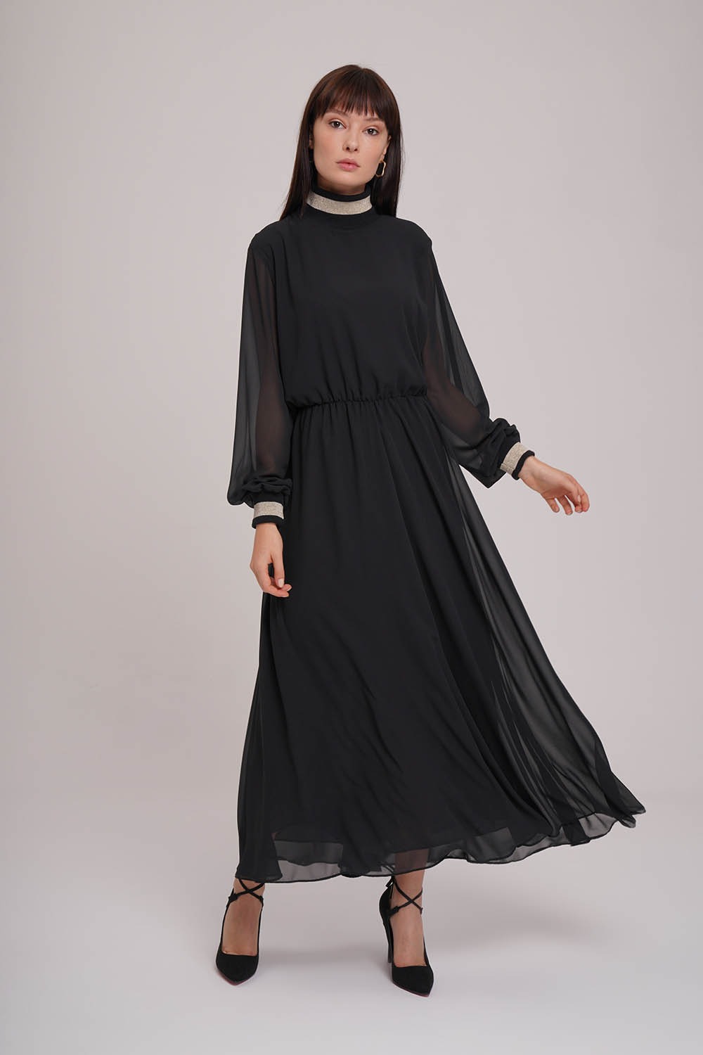 Turtleneck Chiffon Dress (Black) 