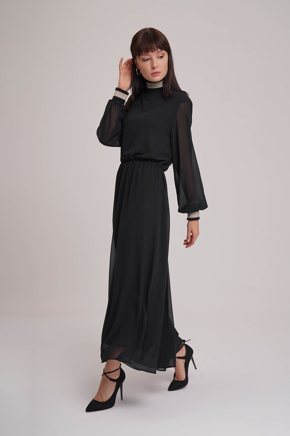 Turtleneck Chiffon Dress (Black) 