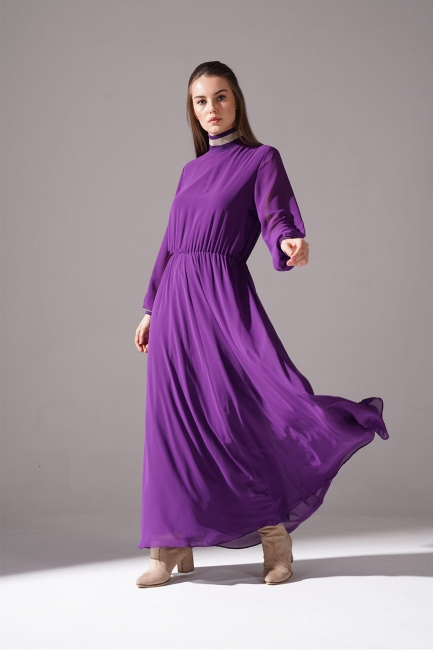 Mizalle - Turtleneck Chiffon Dress (Purple) 