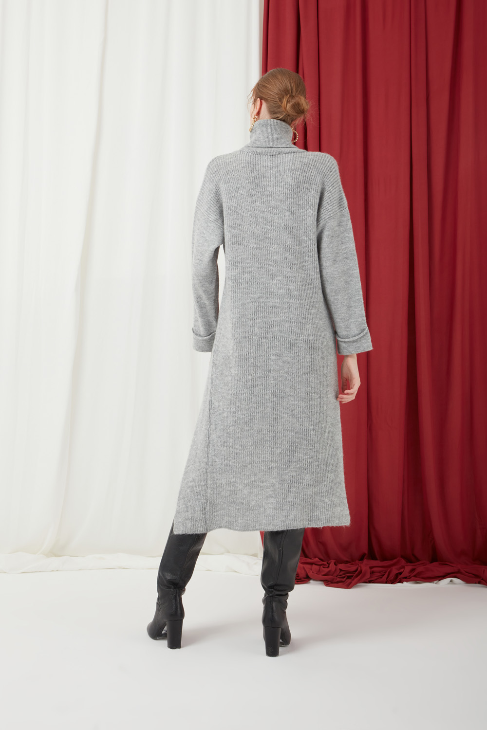 Turtleneck Gray Tricot Tunic with Slit