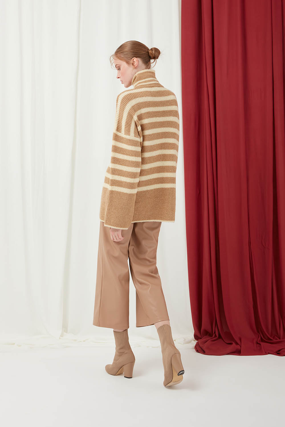 Turtleneck Mink Color Striped Loose Sweater