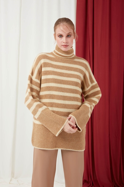 Mizalle - Turtleneck Mink Color Striped Loose Sweater