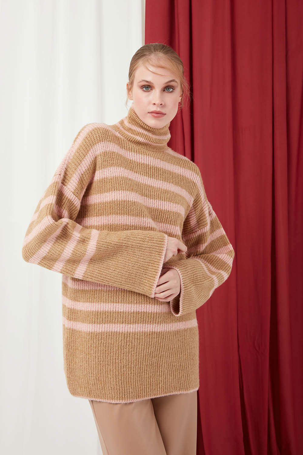 Turtleneck Nude Striped Loose Sweater