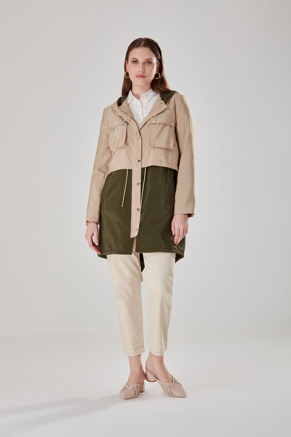 Two Colour Khaki Hooded Trench Coat