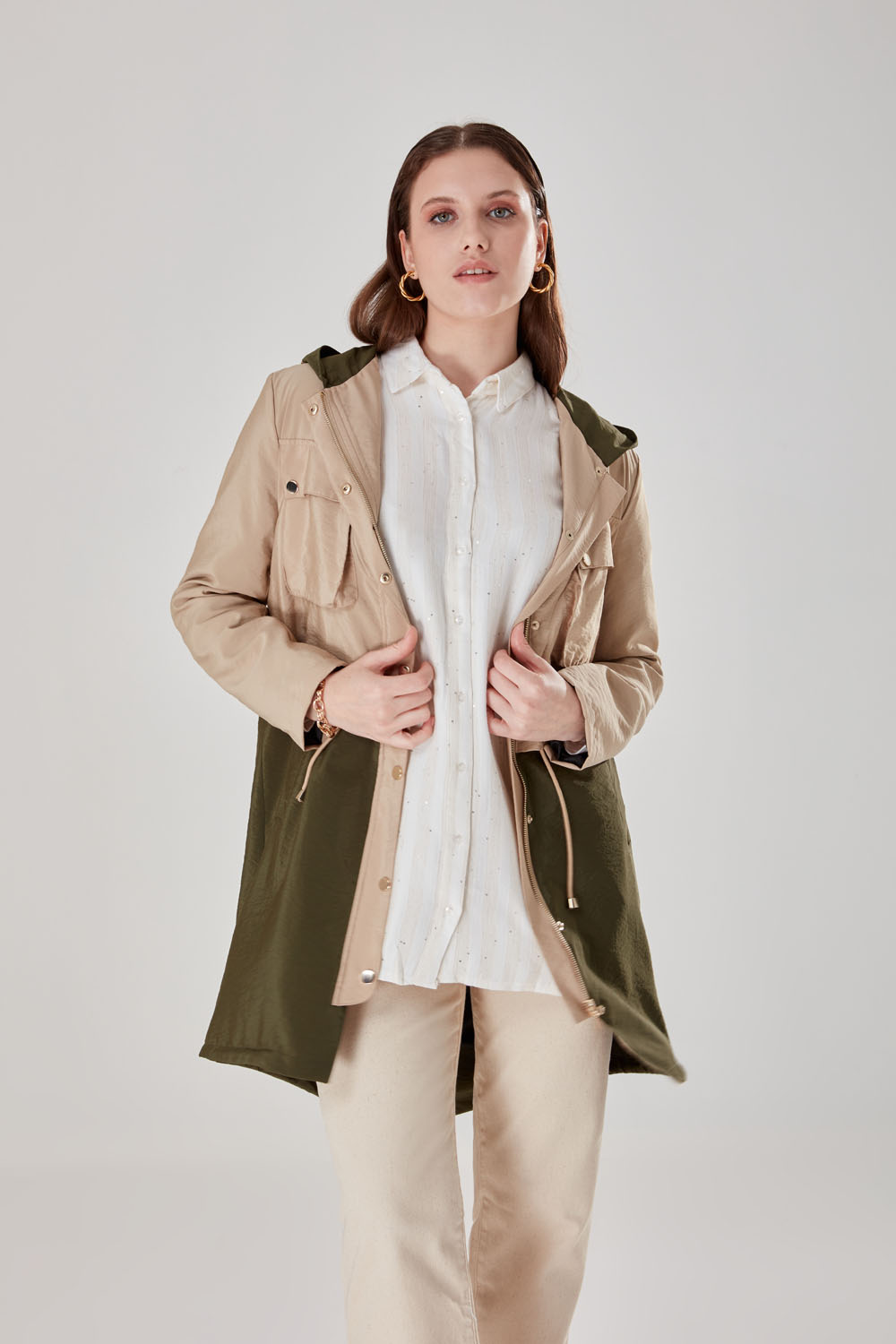 Two Colour Khaki Hooded Trench Coat