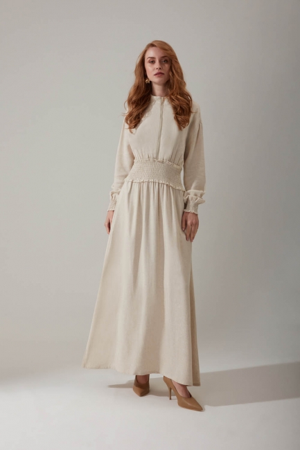 Mizalle - Waist Pleated Linen Dress (Beige)