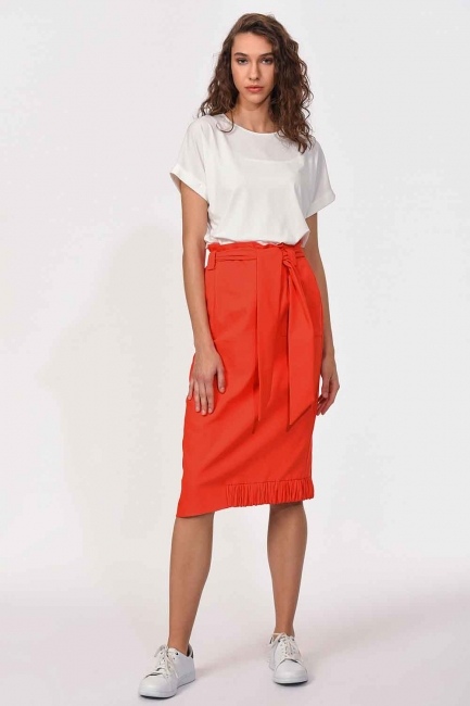 Mizalle - Waist Tied Pocket Detail Skirt (Orange-Red) 