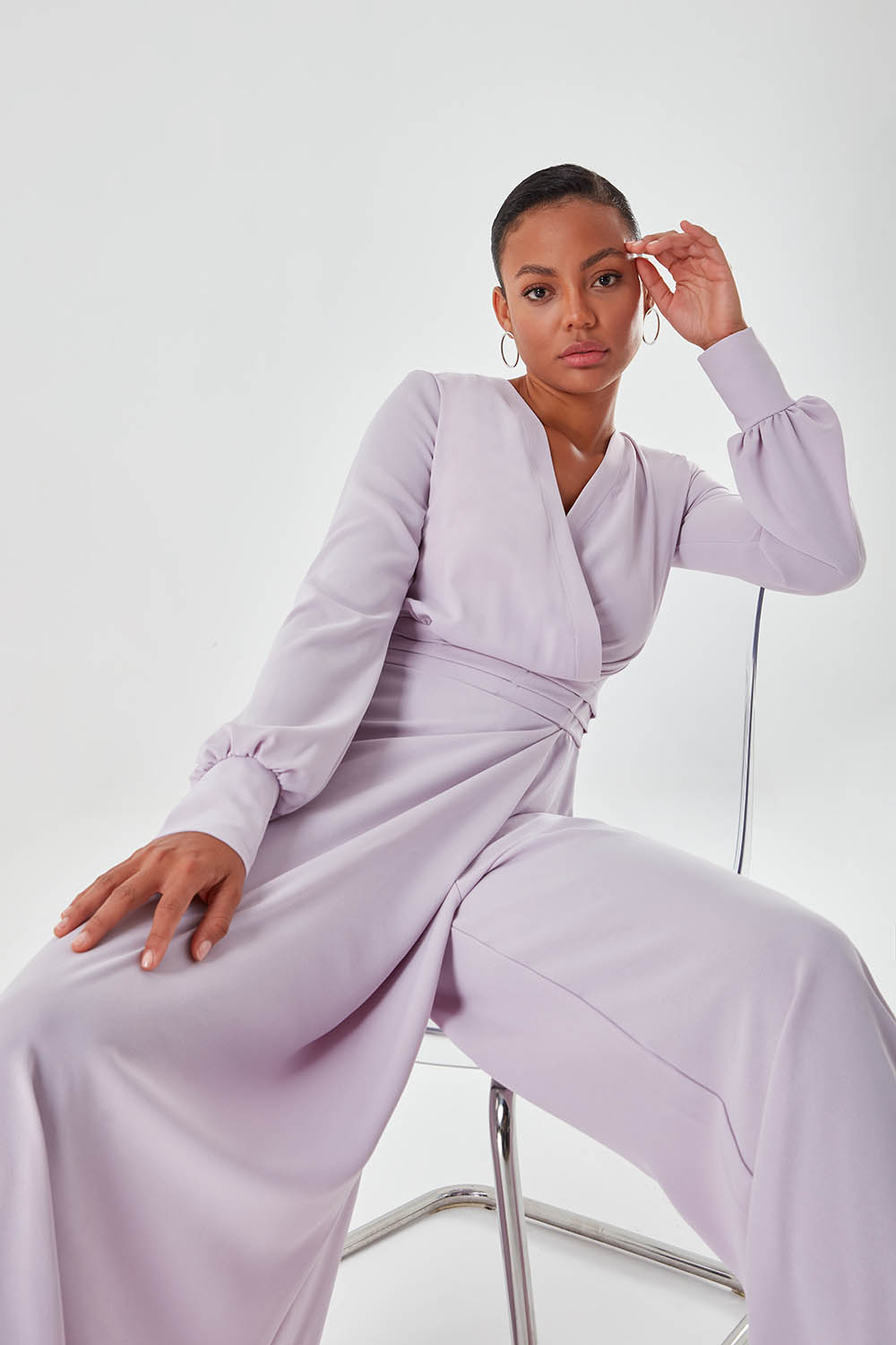 Wrapped Collar Lilac Jumpsuit Dress