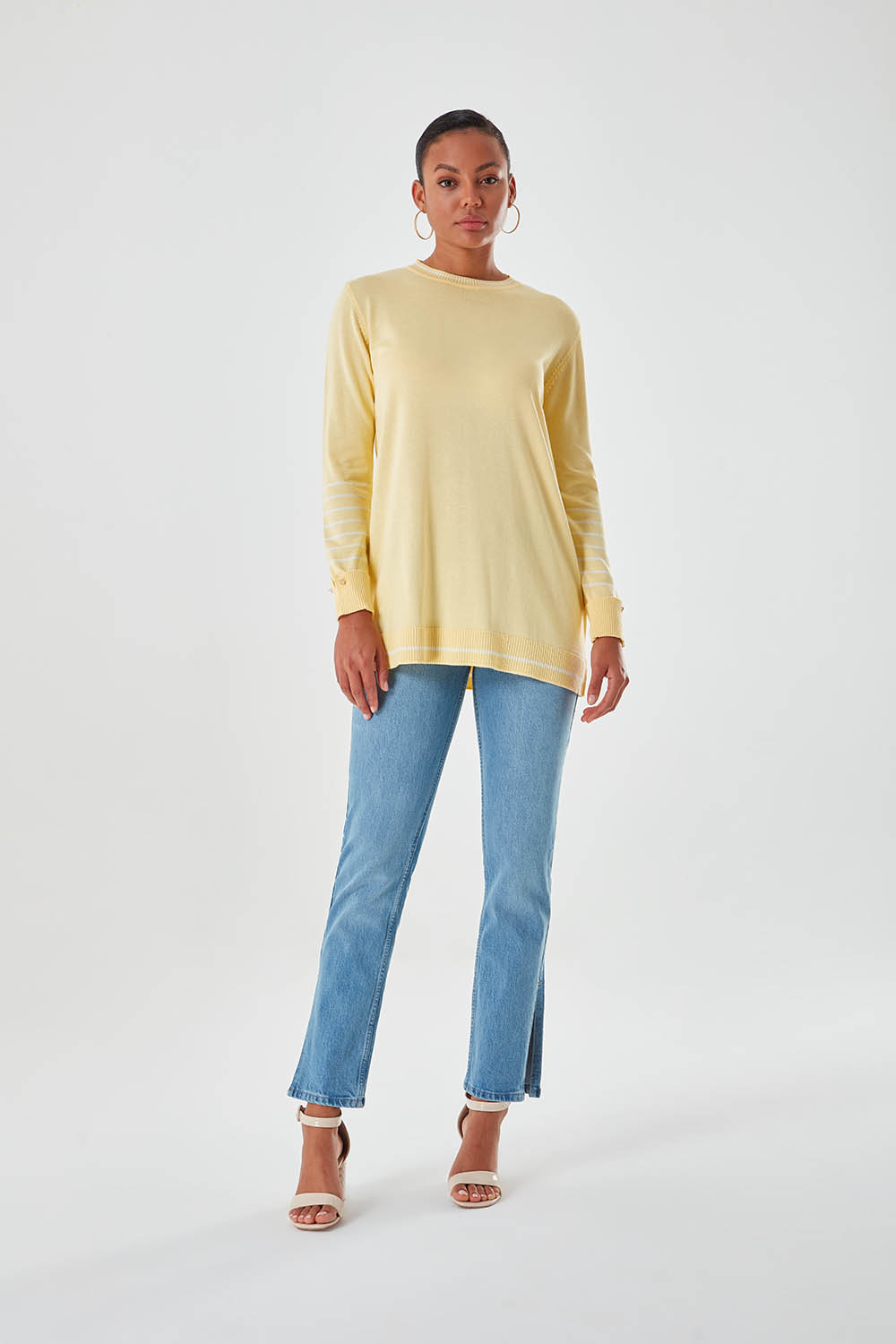 Yellow Knitwear Tunic with Stripe Sleeves Patterned
