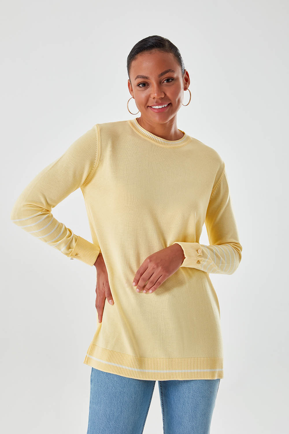 Yellow Knitwear Tunic with Stripe Sleeves Patterned