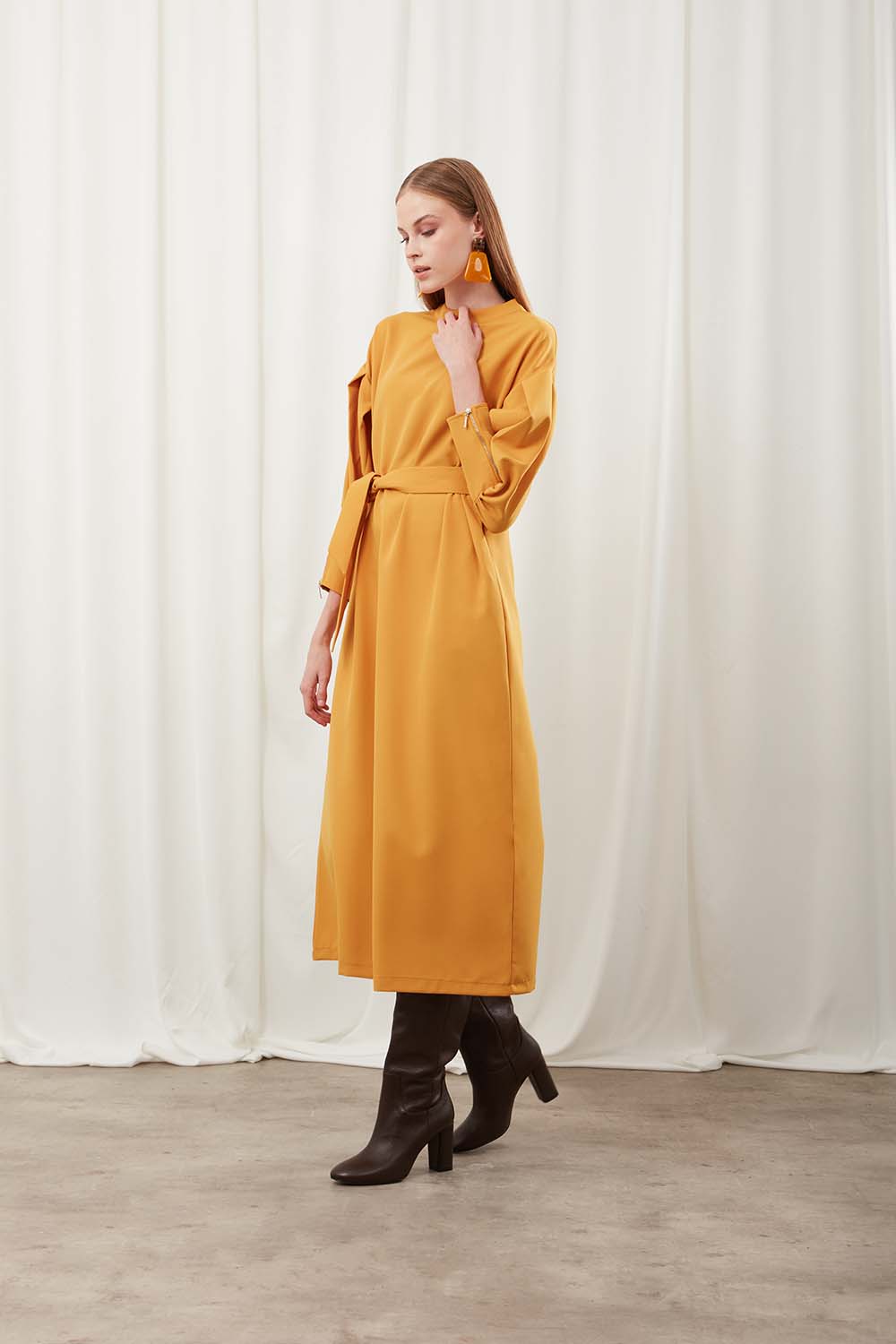 Zipped Sleeve Detailed Saffron Dress