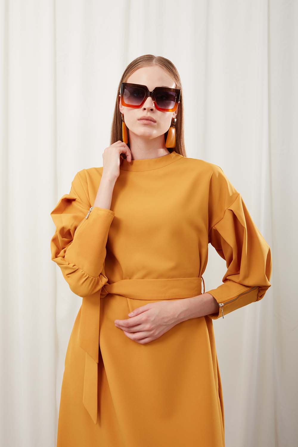 Zipped Sleeve Detailed Saffron Dress