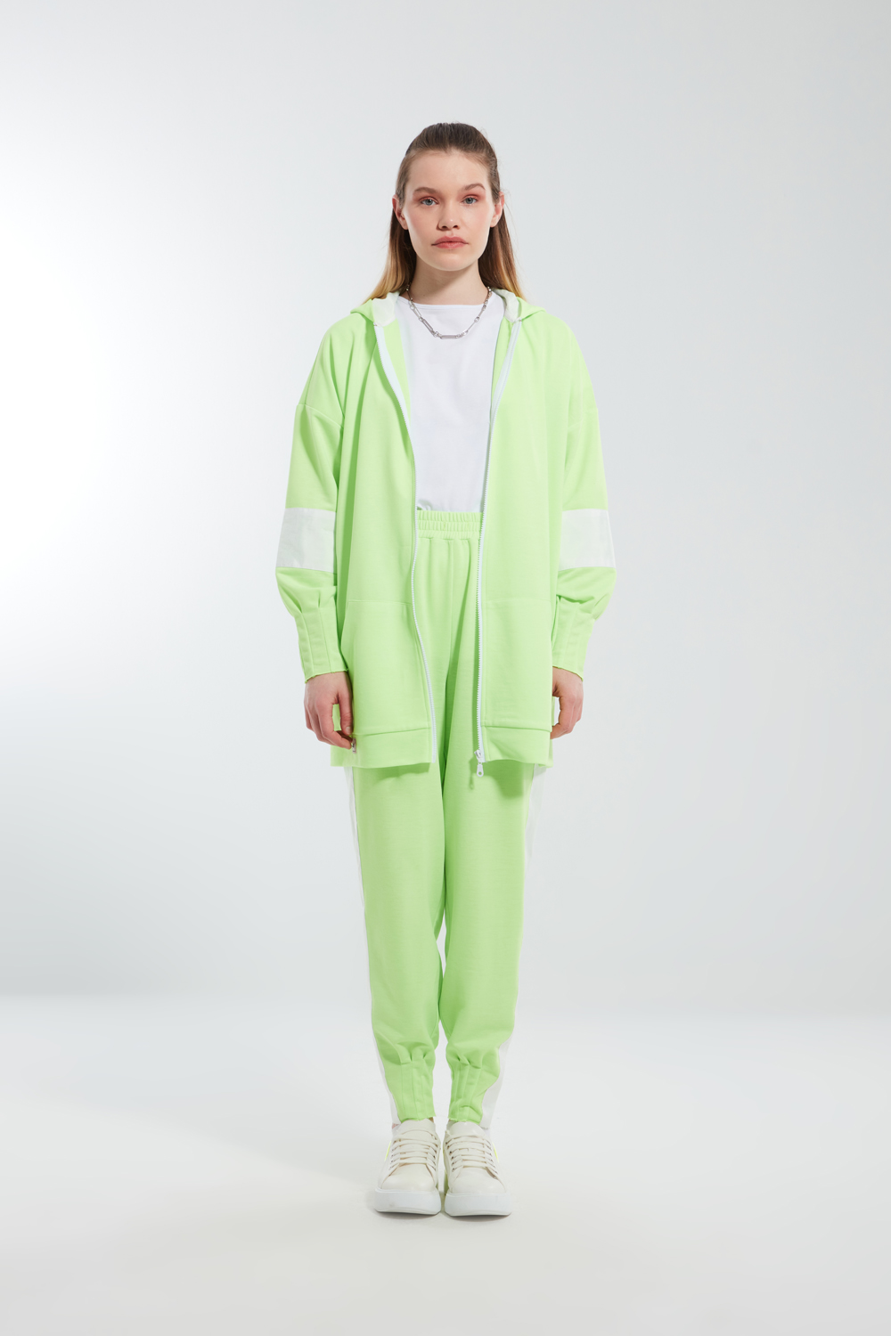 Zippered Neon Green Sweatshirt with Sleeve Details