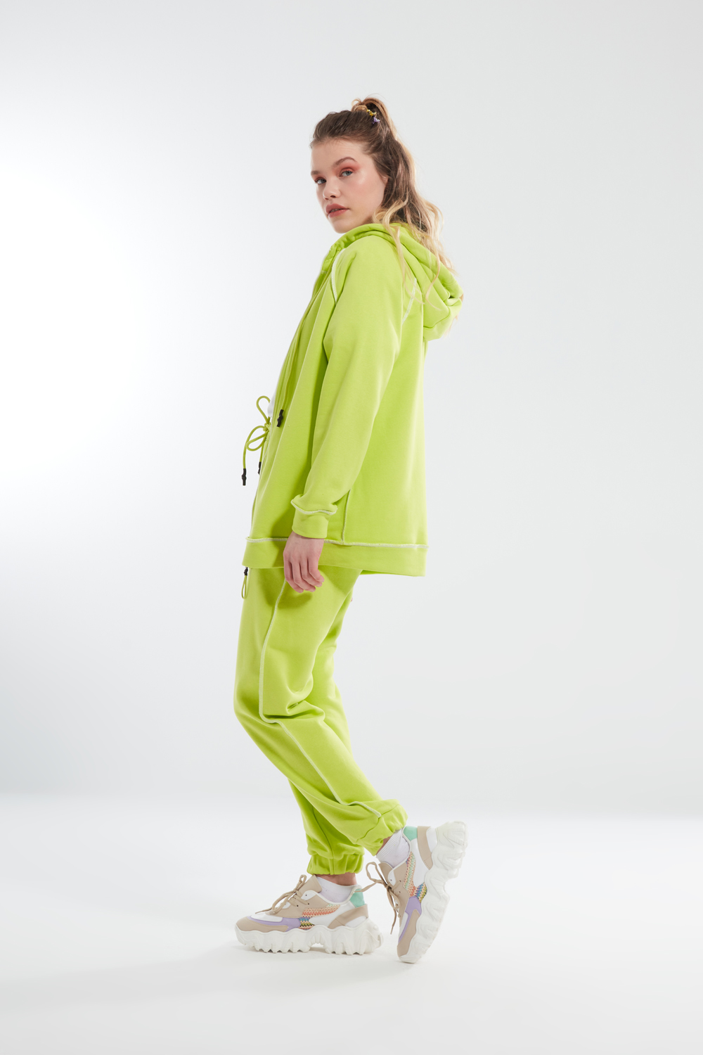 Fermuarlı Karyoka Dikişli Neon Yeşil Sweatshirt