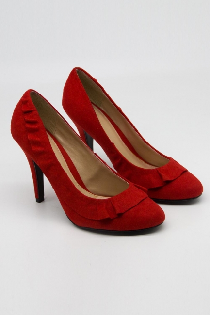 Mizalle - Fırfır Detaylı Topuklu Ayakkabı (Kırmızı)