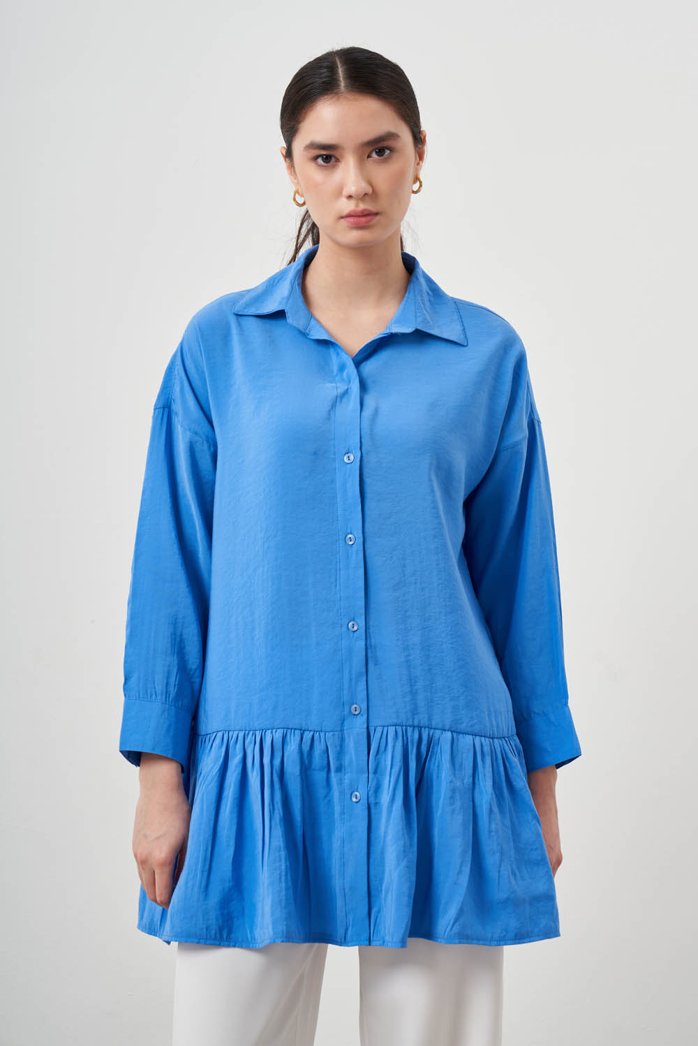 Fırfırlı Gömlek Mavi Elbise