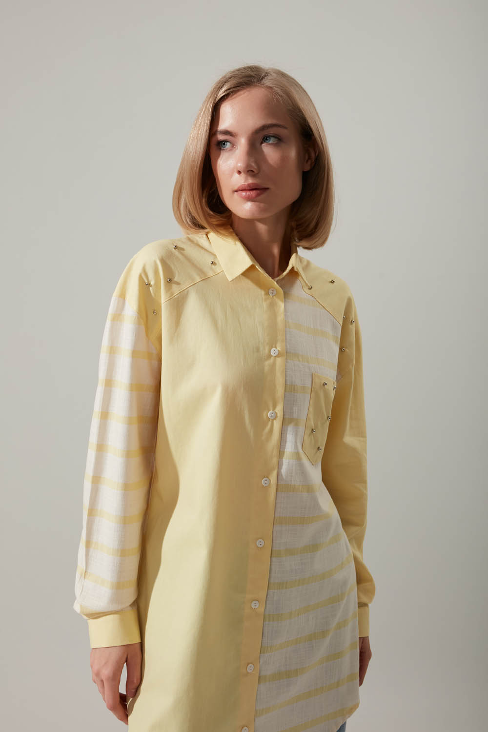 Gömlek Yaka Çizgili Sarı Tunik